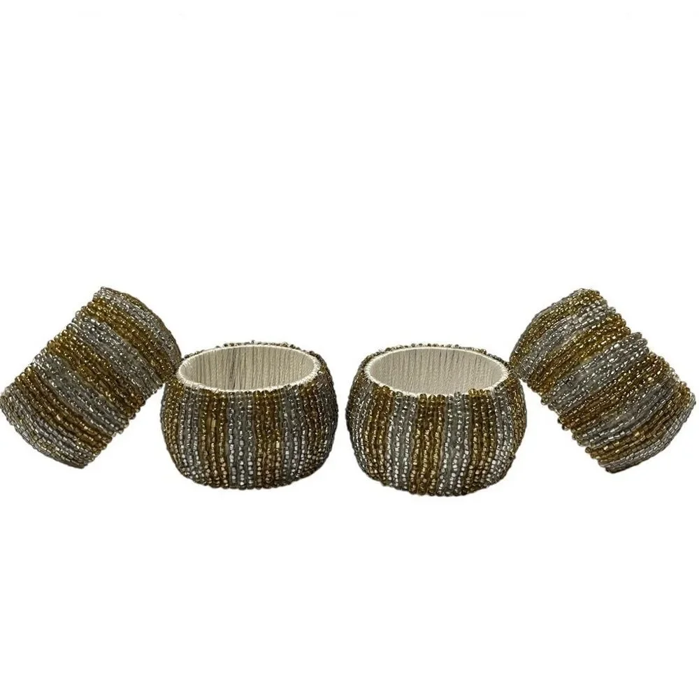 Pier 1 Gold & Silver Seed Beaded Napkin Rings Holiday Party Dining Set of 4